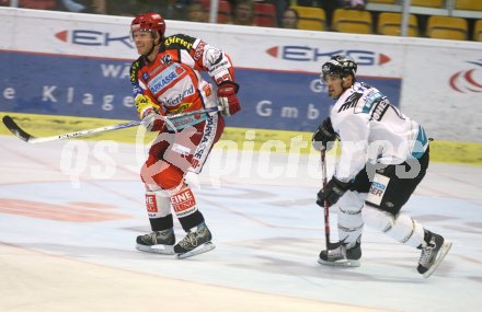 Eishockey Bundesliga. KAC EHC Linz. Martin Hohenberger (Linz), Jeremy Rebek (KAC). Klagenfurt, am 8.10.2006.
---
pressefotos, pressefotografie, kuess, qs, qspictures, sport, bild, bilder, bilddatenbank
