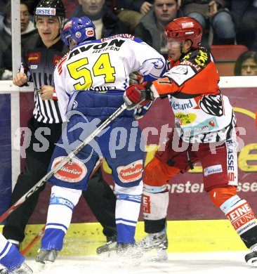 Eishockey Bundesliga. KAC gegen VSV.  Jeremy Rebek (KAC), Dany Bousquet (VSV). Klagenfurt, am 21.1.2007.
Foto: Kuess
---
pressefotos, pressefotografie, kuess, qs, qspictures, sport, bild, bilder, bilddatenbank