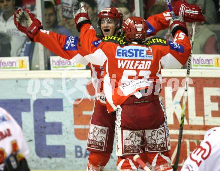 EBEL. Eishockey Bundesliga. KAC gegen HK Acroni Jesenice. Torjubel. Paul Schellander, Franz Wilfan (KAC). Klagenfurt, am 23.11.2007.
Foto: Kuess
---
pressefotos, pressefotografie, kuess, qs, qspictures, sport, bild, bilder, bilddatenbank