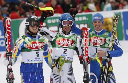Schi Alpin Weltcup Slalom. Siegerehrung. Jens Byggmark (SWE), Benjamin Raich (AUT), Manfred Moelgg (ITA). Bad Kleinkirchheim, am 9.12.2007.
Foto: Kuess
---
pressefotos, pressefotografie, kuess, qs, qspictures, sport, bild, bilder, bilddatenbank