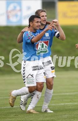 Fussball. Regionalliga. SV Feldkirchen gegen TSV Sparkasse Hartberg. Torjubel Auron Miloti, Michael Rebernig (Feldkirchen). Feldkirchen, am 22.8.2008.
Foto: Kuess

---
pressefotos, pressefotografie, kuess, qs, qspictures, sport, bild, bilder, bilddatenbank