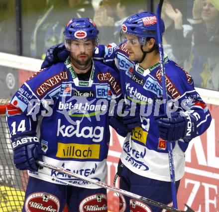 Eishockey Bundesliga. Testspiel. VSV gegen Augsburger Panthers.  Torjubel Justin Mapletoft, Jonathan Ferland (VSV). Villach, am 24.8.2008.
Foto: Kuess

---
pressefotos, pressefotografie, kuess, qs, qspictures, sport, bild, bilder, bilddatenbank