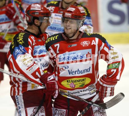 EBEL. Eishockey Bundesliga. EC KAC gegen EC VSV. Torjubel Johannes Reichel, Herbert Ratz. Klagenfurt, am 19.10.2008.
Foto: Kuess

---
pressefotos, pressefotografie, kuess, qs, qspictures, sport, bild, bilder, bilddatenbank