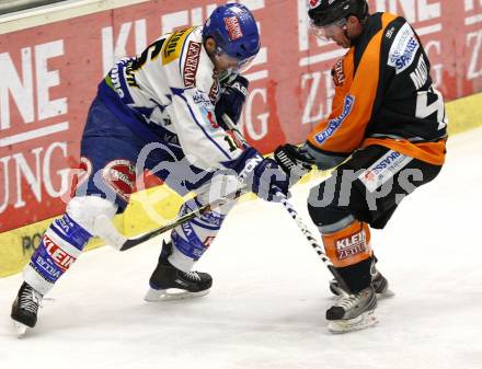 EBEL. Eishockey Bundesliga. EC Pasut VSV gegen Graz 99ers. Dan Cavanaugh (VSV), Jamie Mattie (Graz). Villach, am 9.12.2008.
Foto: Nadja Kuess



---
pressefotos, pressefotografie, kuess, qs, qspictures, sport, bild, bilder, bilddatenbank