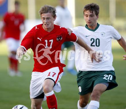 Fussball Laenderspiel U19 Oesterreich gegen Slowenien. Georg Teigl (Oesterreich), Miha Korosec (Slowenien). St. Veit, am 8.9.2009.
Foto: Kuess
---
pressefotos, pressefotografie, kuess, qs, qspictures, sport, bild, bilder, bilddatenbank