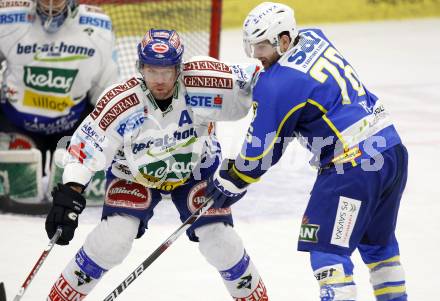 EBEL. Eishockey Bundesliga. EC Pasut VSV gegen KHL Medvescak Zagreb. Mickey Elick,  (VSV), Aaron Fox (Zagreb). Villach, am 5.1.2010.
Foto: Kuess 


---
pressefotos, pressefotografie, kuess, qs, qspictures, sport, bild, bilder, bilddatenbank