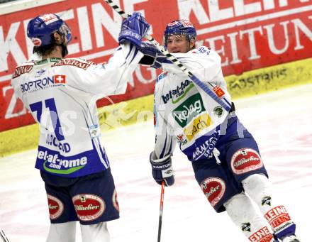 EBEL. Eishockey Bundesliga. EC Pasut VSV gegen EHC LIWEST Linz.  Torjubel Kiel McLeod, Robert Nathan Di Casmirro (VSV). Villach, am 19.2.2010.
Foto: Kuess 


---
pressefotos, pressefotografie, kuess, qs, qspictures, sport, bild, bilder, bilddatenbank