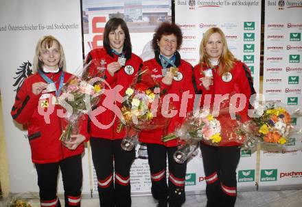 Stocksport. Eisschiessen. IFI Eisstock Europameisterschaften. Zielwettbewerb. Silvia Gutmann-Wild, Romana Waldner, Susanne Sohm-Armellini,  Sonja Oswald-Wagner. Klagenfurt, am 3.3.2010.
Foto: Kuess
---
pressefotos, pressefotografie, kuess, qs, qspictures, sport, bild, bilder, bilddatenbank