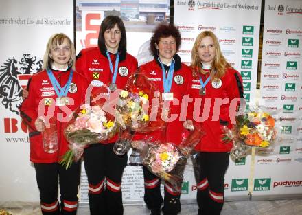 Stocksport. Eisschiessen. IFI Eisstock Europameisterschaften. Zielwettbewerb. Silvia Gutmann-Wild, Romana Waldner, Susanne Sohm-Armellini,  Sonja Oswald-Wagner. Klagenfurt, am 3.3.2010.
Foto: Kuess
---
pressefotos, pressefotografie, kuess, qs, qspictures, sport, bild, bilder, bilddatenbank