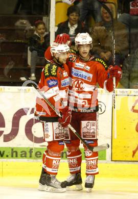 EBEL. Eishockey Bundesliga. KAC gegen KHL Medvescak Zagreb.  Torjubel HUNDERTPFUND Thomas, REICHEL Johannes (KAC). Klagenfurt, am 26.9.2010.
Foto: Kuess 

---
pressefotos, pressefotografie, kuess, qs, qspictures, sport, bild, bilder, bilddatenbank