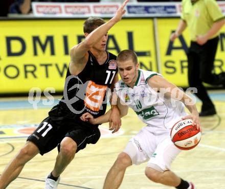 Basketball Bundesliga. Woerthersee Piraten gegen UBC Guessing Knights.  Markus Pachering, (Piraten),  Mathias Klepeisz (Guessing Knights). Klagenfurt, 2.10.2010.
Foto:  Kuess

---
pressefotos, pressefotografie, kuess, qs, qspictures, sport, bild, bilder, bilddatenbank