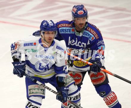 EBEL. Eishockey Bundesliga. EC Rekordfenster VSV gegen KHL Medvescak Zagreb.  Gerhard Unterluggauer (VSV),  Christopher Powers (Zagreb). Villach, am 8.2.2011.
Foto: Kuess

---
pressefotos, pressefotografie, kuess, qs, qspictures, sport, bild, bilder, bilddatenbank