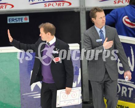 EBEL. Eishockey Bundesliga. EC Rekordfenster VSV gegen KHL Medvescak Zagreb.  Trainer Johan Stroemwall, Co-Trainer Mike Stewart (VSV),  (Zagreb). Villach, am 8.2.2011.
Foto: Kuess

---
pressefotos, pressefotografie, kuess, qs, qspictures, sport, bild, bilder, bilddatenbank