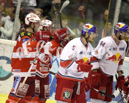 EBEL. Eishockey Bundesliga. KAC gegen Red Bull Salzburg. Torjubel Thomas Hundertpfund, Markus Pirmann, Thomas Raffl (KAC). Klagenfurt, am 31.3.2011.
Foto: Kuess 

---
pressefotos, pressefotografie, kuess, qs, qspictures, sport, bild, bilder, bilddatenbank