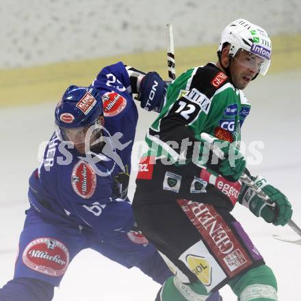 Eishockey Testspiel. Rudolf Hiti Cup. Olimpija Ljubljana gegen VSV. Petr Sachl (Ljubljana), Pierre Luc Sleigher (VSV). Bled, am 18.8.2011.
Foto: Kuess
---
pressefotos, pressefotografie, kuess, qs, qspictures, sport, bild, bilder, bilddatenbank
