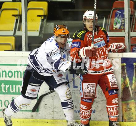 Eishockey Testspiel KAC gegen Iserlohn Roosters. Stephan Geier,  (KAC), Jassen Cullimore (Iserlohn Roosters). Klagenfurt, 27.8.2011.
Foto: Kuess 

---
pressefotos, pressefotografie, kuess, qs, qspictures, sport, bild, bilder, bilddatenbank