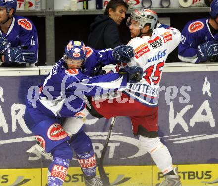 EBEL. Eishockey Bundesliga. EC Pasut VSV gegen Ritten Sport Bozen.  Stefan Bacher, (VSV), Rupert Stampfer (Ritten Sport Bozen). Villach, am 4.9.2011.
Foto: Kuess 


---
pressefotos, pressefotografie, kuess, qs, qspictures, sport, bild, bilder, bilddatenbank
