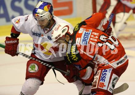 EBEL. Eishockey Bundesliga.  KAC gegen EC Red Bull Salzburg. KOCH Thomas (KAC), SCHIECHL Michael (Salzburg). Klagenfurt, 9.9.2011.
Foto: Kuess 

---
pressefotos, pressefotografie, kuess, qs, qspictures, sport, bild, bilder, bilddatenbank