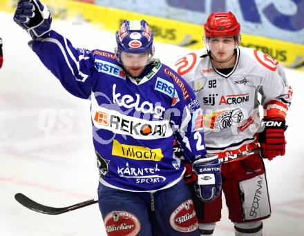 EBEL. Eishockey Bundesliga. EC Rekord Fenster VSV gegen HK Jesenice.  Torjubel Kevin Mitchell, (VSV), Anze Kuralt  (HK Jesenice). Villach, am 27.11.2011.
Foto: Kuess 


---
pressefotos, pressefotografie, kuess, qs, qspictures, sport, bild, bilder, bilddatenbank
