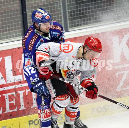 EBEL. Eishockey Bundesliga. EC Rekord Fenster VSV gegen HK Jesenice.  Craig Weller,  (VSV), Antti Pusa (HK Jesenice). Villach, am 27.11.2011.
Foto: Kuess 


---
pressefotos, pressefotografie, kuess, qs, qspictures, sport, bild, bilder, bilddatenbank