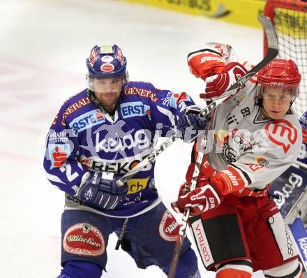 EBEL. Eishockey Bundesliga. EC Rekord Fenster VSV gegen HK Jesenice.  Kevin Mitchell,  (VSV), Matic Zajsek (HK Jesenice). Villach, am 27.11.2011.
Foto: Kuess 


---
pressefotos, pressefotografie, kuess, qs, qspictures, sport, bild, bilder, bilddatenbank