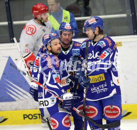 EBEL. Eishockey Bundesliga. EC Rekord Fenster VSV gegen HK Jesenice.  Torjubel Tomaz Razingar, Craig Weller, Gerhard Unterluggauer (VSV). Villach, am 27.11.2011.
Foto: Kuess 


---
pressefotos, pressefotografie, kuess, qs, qspictures, sport, bild, bilder, bilddatenbank
