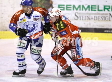 EBEL. Eishockey Bundesliga. KAC gegen KHL Medvescak Zagreb. Jordan Morisson, (KAC), Sasha Pokulok  (Zagreb). Klagenfurt, am 2.12.2011.
Foto: Kuess

---
pressefotos, pressefotografie, kuess, qs, qspictures, sport, bild, bilder, bilddatenbank