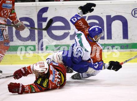 EBEL. Eishockey Bundesliga. KAC gegen KHL Medvescak Zagreb. John Lammers, (KAC), Alan Letang  (Zagreb). Klagenfurt, am 2.12.2011.
Foto: Kuess

---
pressefotos, pressefotografie, kuess, qs, qspictures, sport, bild, bilder, bilddatenbank