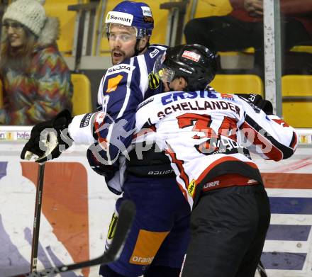 Eishockey Oesterreich Cup. Oesterreich gegen Slowakei.  Paul Schellander, (Oesterreich), Martin Cibak (Slowakei). Klagenfurt, 17.12.2011.
Foto: Kuess

---
pressefotos, pressefotografie, kuess, qs, qspictures, sport, bild, bilder, bilddatenbank