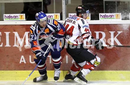 Eishockey Oesterreich Cup. Oesterreich gegen Slowakei.  Stephan Geier, (Oesterreich), Michel Miklik (Slowakei). Klagenfurt, 17.12.2011.
Foto: Kuess

---
pressefotos, pressefotografie, kuess, qs, qspictures, sport, bild, bilder, bilddatenbank