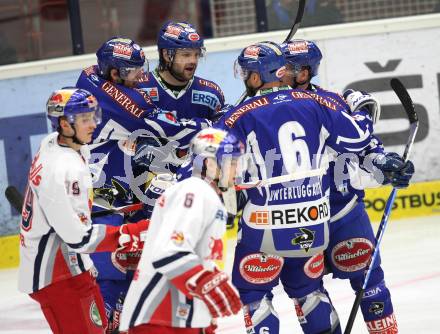 EBEL. Eishockey Bundesliga. EC Rekord Fenster VSV gegen EC Red Bull Salzburg. Torjubel  (VSV), (Salzburg). Villach, am 10.1.2012.
Foto: Kuess
---
pressefotos, pressefotografie, kuess, qs, qspictures, sport, bild, bilder, bilddatenbank