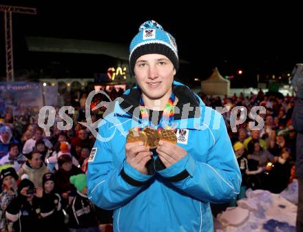 Schi Alpin. Jugendolympiade. Empfang Olympiasieger Marco Schwarz.  Marco Schwarz. Bad Kleinkirchheim, 23. 1. 2012.
Foto: Kuess
---
pressefotos, pressefotografie, kuess, qs, qspictures, sport, bild, bilder, bilddatenbank