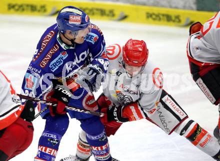 EBEL. Eishockey Bundesliga. EC Rekord Fenster VSV gegen HK Acroni Jesenice. Shayne Toporowski,  (VSV), Matevz Erman (Jesenice). Villach, am 3.2.2012.
Foto: Kuess 


---
pressefotos, pressefotografie, kuess, qs, qspictures, sport, bild, bilder, bilddatenbank