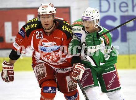 EBEL. Eishockey Bundesliga. KAC gegen HDD TILIA Olimpija Ljubljana. Mike Siklenka, (KAC), Erik Pance (Laibach). Klagenfurt, am 12.2.2012.
Foto: Kuess

---
pressefotos, pressefotografie, kuess, qs, qspictures, sport, bild, bilder, bilddatenbank