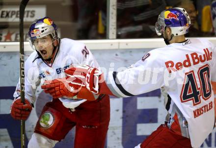 EBEL. Eishockey Bundesliga. KAC gegen EC Red Bull Salzburg. Torjubel Brent Aubin, Andreas Kristler (Salzburg). Klagenfurt, am 21.2.2012.
Foto: Kuess

---
pressefotos, pressefotografie, kuess, qs, qspictures, sport, bild, bilder, bilddatenbank