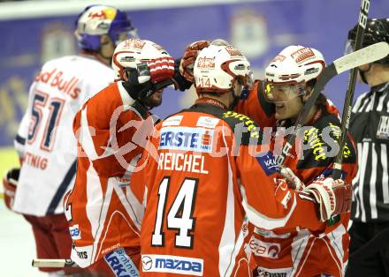 EBEL. Eishockey Bundesliga. KAC gegen EC Red Bull Salzburg. Torjubel Johannes Reichel, Manuel Geier,  (KAC). Klagenfurt, am 21.2.2012.
Foto: Kuess

---
pressefotos, pressefotografie, kuess, qs, qspictures, sport, bild, bilder, bilddatenbank