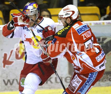 EBEL. Eishockey Bundesliga. KAC gegen EC Red Bull Salzburg. Andrei Zyuzin, (KAC), Manuel Latusa (Salzburg). Klagenfurt, am 21.2.2012.
Foto: Kuess

---
pressefotos, pressefotografie, kuess, qs, qspictures, sport, bild, bilder, bilddatenbank