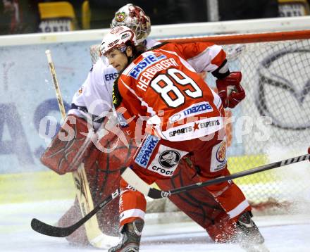 EBEL. Eishockey Bundesliga. KAC gegen EC Red Bull Salzburg. Raphael Herburger,  (KAC), Marty Turco (Salzburg). Klagenfurt, am 21.2.2012.
Foto: Kuess

---
pressefotos, pressefotografie, kuess, qs, qspictures, sport, bild, bilder, bilddatenbank