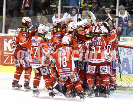 EBEL. Eishockey Bundesliga. KAC gegen EC Red Bull Salzburg. Jubel (KAC). Klagenfurt, am 1.3.2012.
Foto: Kuess

---
pressefotos, pressefotografie, kuess, qs, qspictures, sport, bild, bilder, bilddatenbank