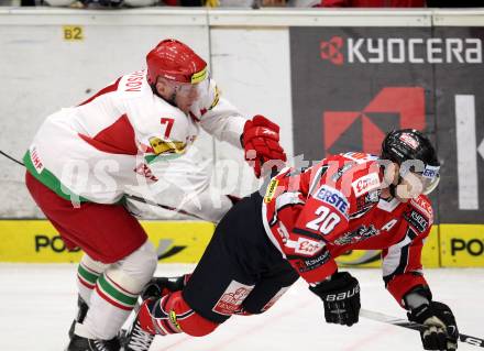 Eishockey Laenderspiel. Oesterreich gegen Weissrussland. Daniel welser, (Oesterreich), Vladimir Denisov (Weissrussland). Klagenfurt, am 6.4.2012.
Foto: Kuess

---
pressefotos, pressefotografie, kuess, qs, qspictures, sport, bild, bilder, bilddatenbank