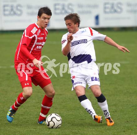 Fussball Regionalliga. SAK gegen Vorwaerts Steyr. Grega Triplat (SAK), Dejan  Javorovic (Steyr). Klagenfurt, am 7.4.2012.
Foto: Kuess
---
pressefotos, pressefotografie, kuess, qs, qspictures, sport, bild, bilder, bilddatenbank