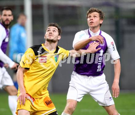 Fussball Regionalliga. SK Austria Klagenfurt gegen FC Gratkorn. Bernd Schierhuber, (Klagenfurt), Oliver Wohlmuth (Gratkorn).  Klagenfurt, 13.4.2012
Foto: Kuess

---
pressefotos, pressefotografie, kuess, qs, qspictures, sport, bild, bilder, bilddatenbank