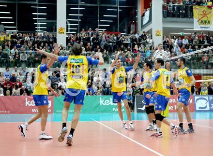 Volleyball. MEVZA. SK Aich/Dob gegen Hypo Tirol Volleyballteam. Jubel (Aich/Dob). Bleiburg, am 16.4.2012.
Foto: Kuess 


---
pressefotos, pressefotografie, kuess, qs, qspictures, sport, bild, bilder, bilddatenbank