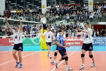 Volleyball. MEVZA. SK Aich/Dob gegen Hypo Tirol Volleyballteam. Jubel  (Tirol). Bleiburg, am 16.4.2012.
Foto: Kuess 


---
pressefotos, pressefotografie, kuess, qs, qspictures, sport, bild, bilder, bilddatenbank