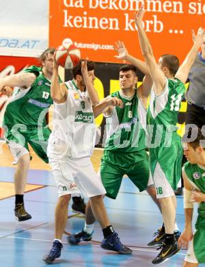 Basketball. Landesliga. Woerthersee Piraten gegen KOS. Moser Nicolas (Piraten),  Kondic Denis (KOS). Klagenfurt, 22.4.2012.
Foto: Kuess
---
pressefotos, pressefotografie, kuess, qs, qspictures, sport, bild, bilder, bilddatenbank