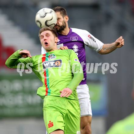 Fussball Regionalliga. SK Austria Klagenfurt gegen Wels FC. Oliver Pusztai, (Austria Klagenfurt), Benjamin Neunteufel (Wels FC).  Klagenfurt, 25.4.2012
Foto: Kuess

---
pressefotos, pressefotografie, kuess, qs, qspictures, sport, bild, bilder, bilddatenbank