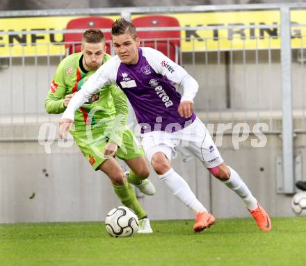 Fussball Regionalliga. SK Austria Klagenfurt gegen Wels FC. Toni Krijan, (Austria Klagenfurt), Milan Koprivarov  (Wels FC).  Klagenfurt, 25.4.2012
Foto: Kuess

---
pressefotos, pressefotografie, kuess, qs, qspictures, sport, bild, bilder, bilddatenbank