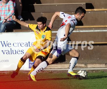 Fussball Regionalliga. SAK gegen FC Gratkorn. Murat Veliu, (SAK), Markus Zmugg  (Gratkorn). Klagenfurt, 27.4.2012.
Foto: Kuess
---
pressefotos, pressefotografie, kuess, qs, qspictures, sport, bild, bilder, bilddatenbank