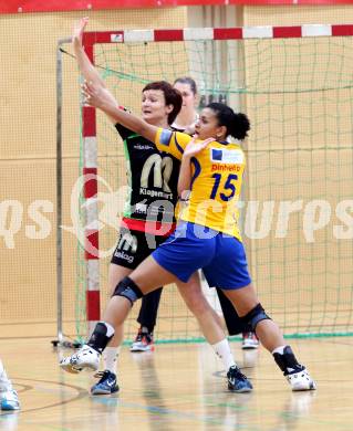 Handball WHA Women Handball League. SG Witasek Kaernten gegen HYPO Niederoesterreich 1. Katja Cerenjak, (Kaernten), Araujo Pinheiro Pitombera (NOE). Feldkirchen, 1.5.2012.
Foto: Kuess
---
pressefotos, pressefotografie, kuess, qs, qspictures, sport, bild, bilder, bilddatenbank