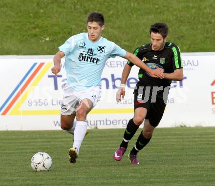 Fussball Kaerntner Liga. FC St. Veit gege Rapid Lienz. Christian Groinig, (St. Veit), Emri Rexhepi  (Lienz). St. Veit, 26.5.2012.
Foto: Kuess
---
pressefotos, pressefotografie, kuess, qs, qspictures, sport, bild, bilder, bilddatenbank